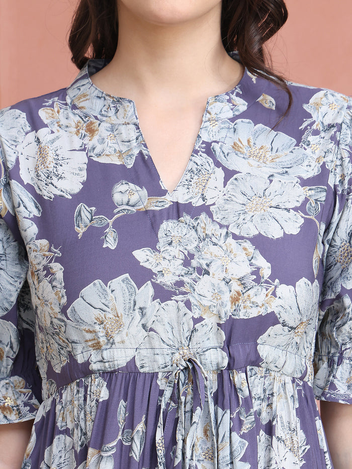 Purple Colour Floral Printed Premium Chanderi Dress For Women