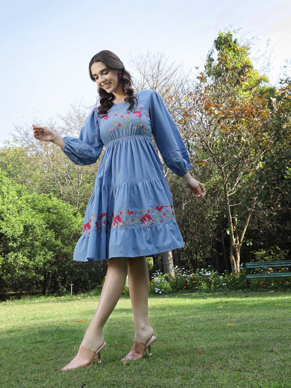 Blue Solid & Embroidered Cotton Tiered Dress