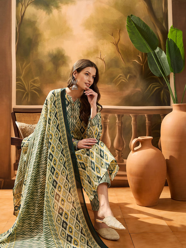 Green Geometric Printed Cotton Blend Straight Kurta Pant Dupatta Set