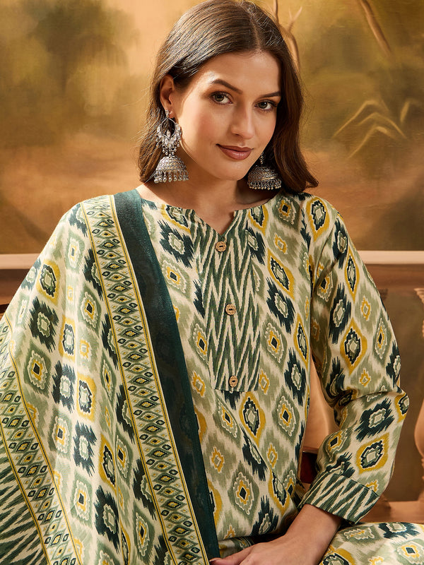 Green Geometric Printed Cotton Blend Straight Kurta Pant Dupatta Set