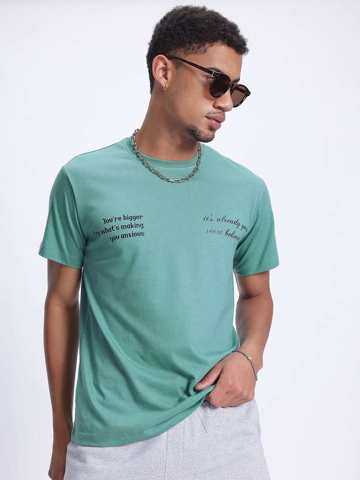 Printed Round Neck Cotton Blend Green T-Shirt