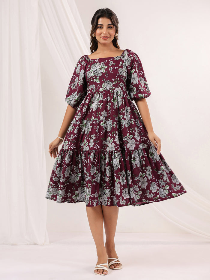 Wine Pure Cotton Floral Printed Tiered Dress