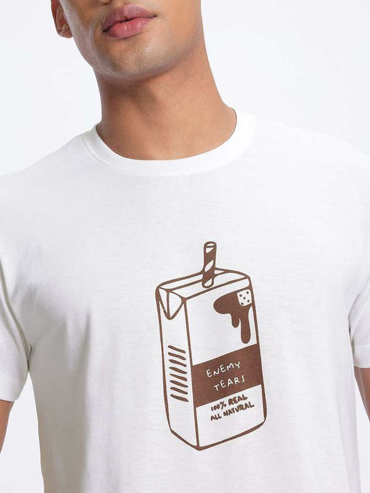 Men Printed Round Neck Cotton Blend White T-Shirt