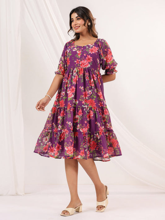 Purple Georgette Floral Printed Tiered Dress