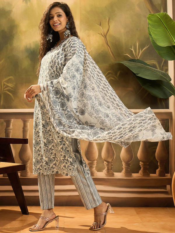 Grey Floral Printed Cotton Straight Kurta Pant Dupatta Set
