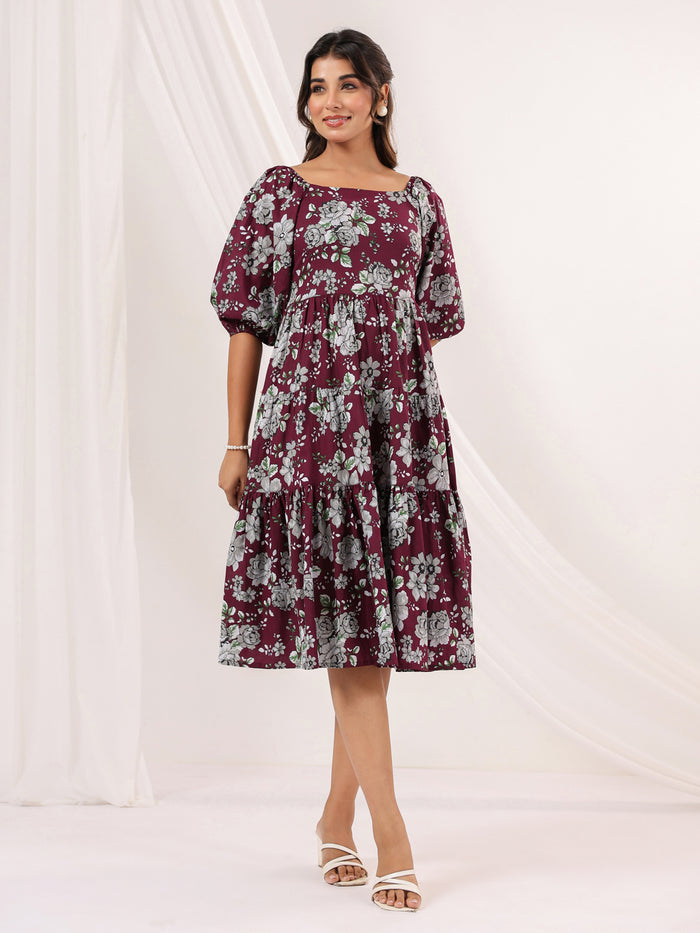 Wine Pure Cotton Floral Printed Tiered Dress