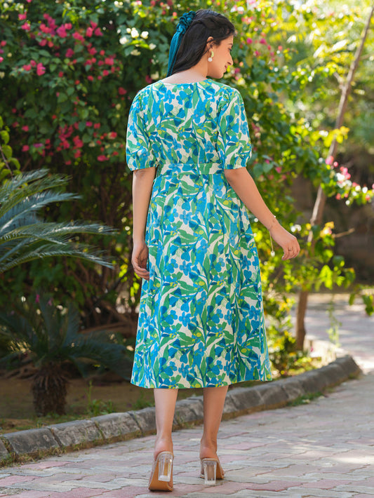 Multicolour Cotton Floral Printed Fit & Flare Dress