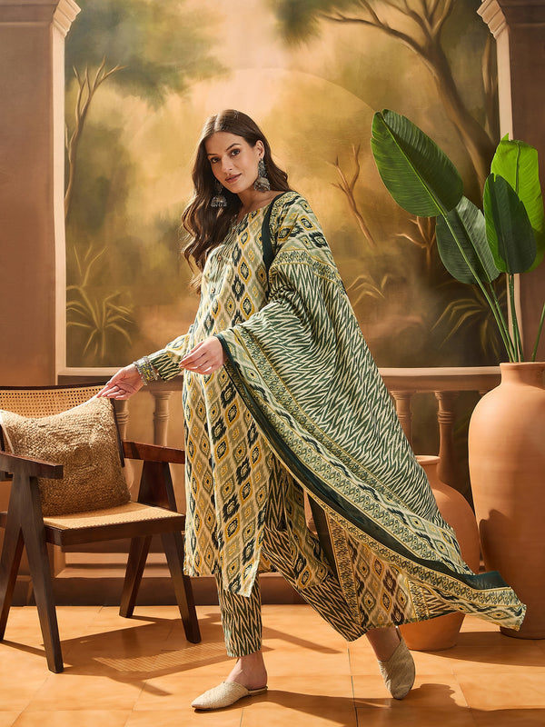 Green Geometric Printed Cotton Blend Straight Kurta Pant Dupatta Set