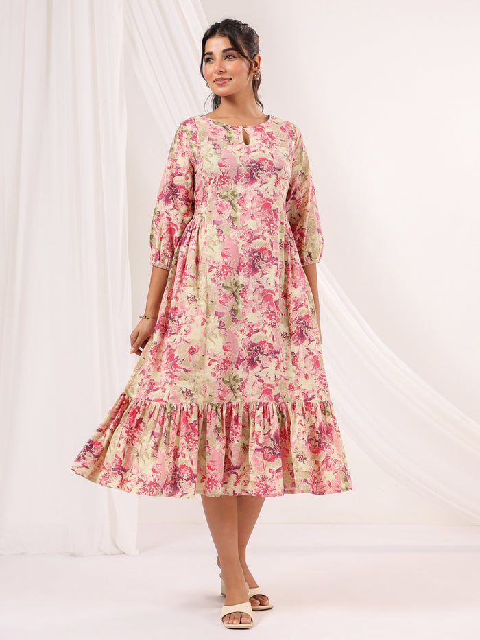 Pink Pure Cotton Floral Printed A line Dress