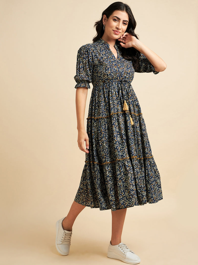 Floral Printed Mandarin Coller Pure Cotton Fit & Flare Dress