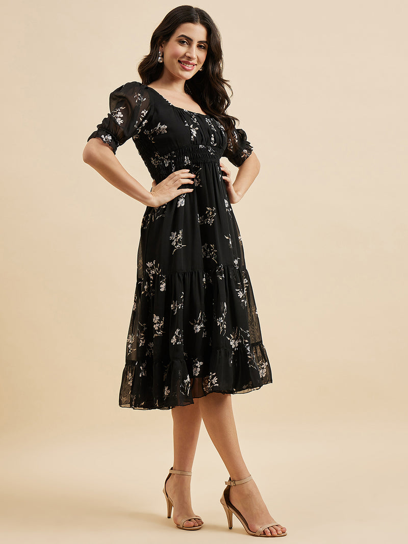 Floral Print Square Neck Puff Sleeve Georgette Fit & Flare Midi Tiered Dress