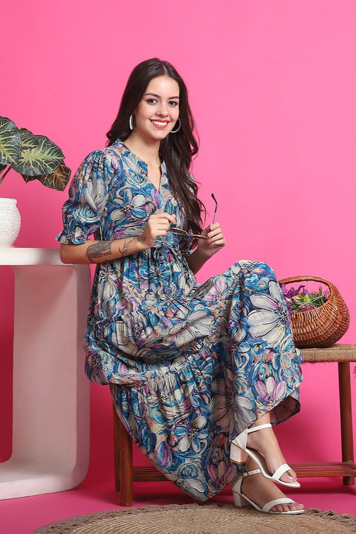 Floral Printed Premium Chanderi Dress
