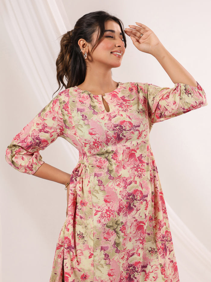 Pink Pure Cotton Floral Printed A line Dress