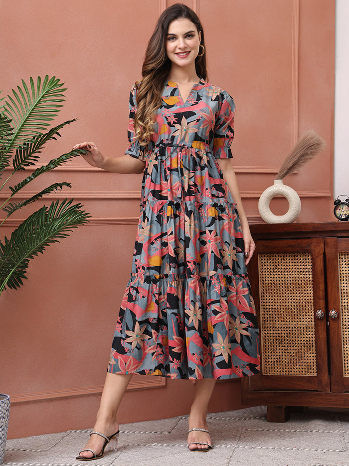 Multi Color Floral Printed Premium Chanderi Dress