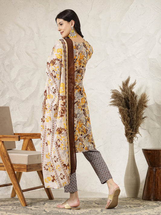 Floral Printed Cotton Blend Straight Kurta Pant Dupatta Set