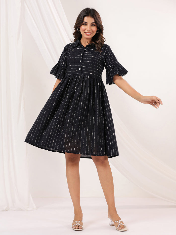 Black Cotton Abstract Printed A line Dress