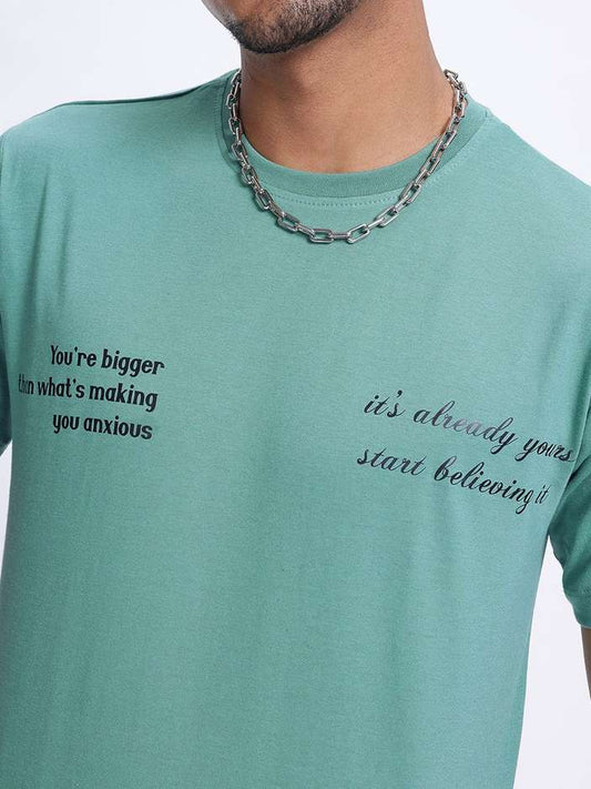 Printed Round Neck Cotton Blend Green T-Shirt