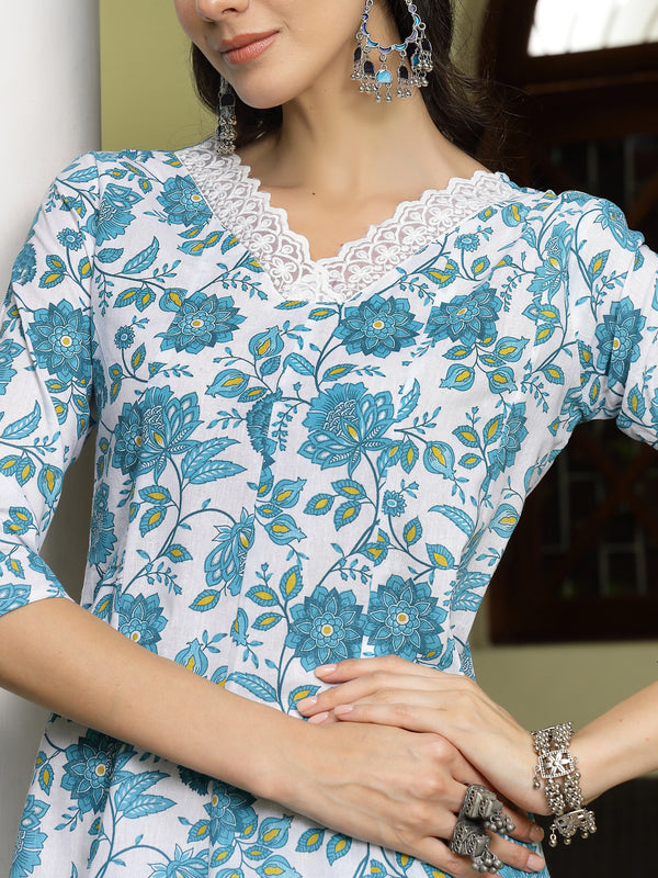 Turquoise Floral Printed Cotton A-Line Kurta Pant Dupatta Set