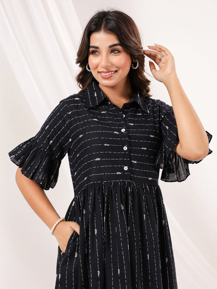 Black Cotton Abstract Printed A line Dress