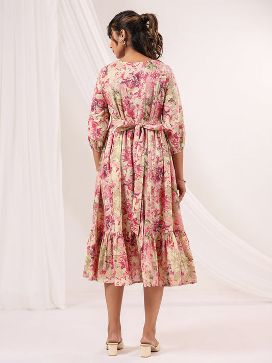 Pink Pure Cotton Floral Printed A line Dress
