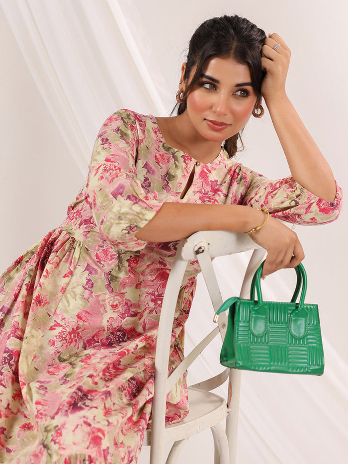 Pink Pure Cotton Floral Printed A line Dress