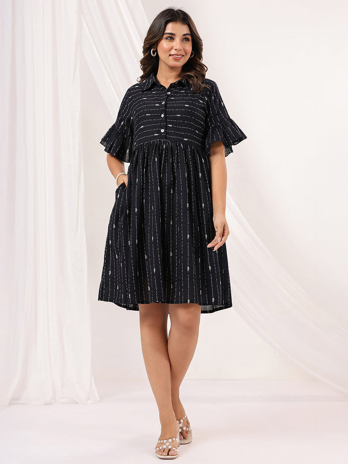 Black Cotton Abstract Printed A line Dress