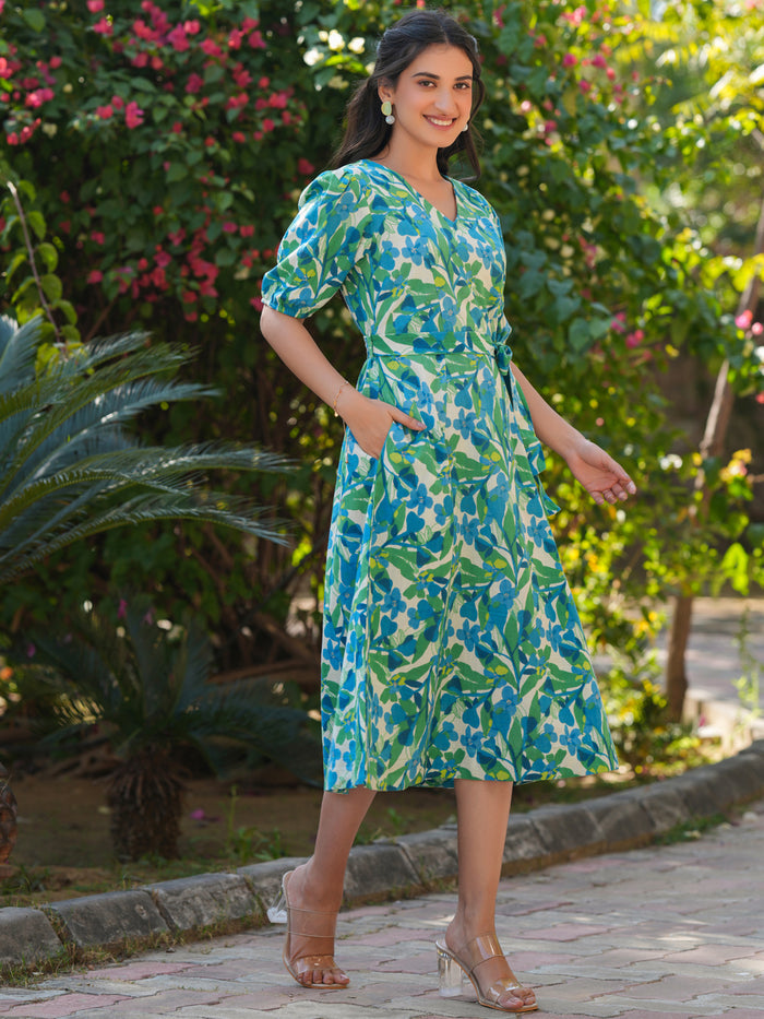 Multicolour Cotton Floral Printed Fit & Flare Dress