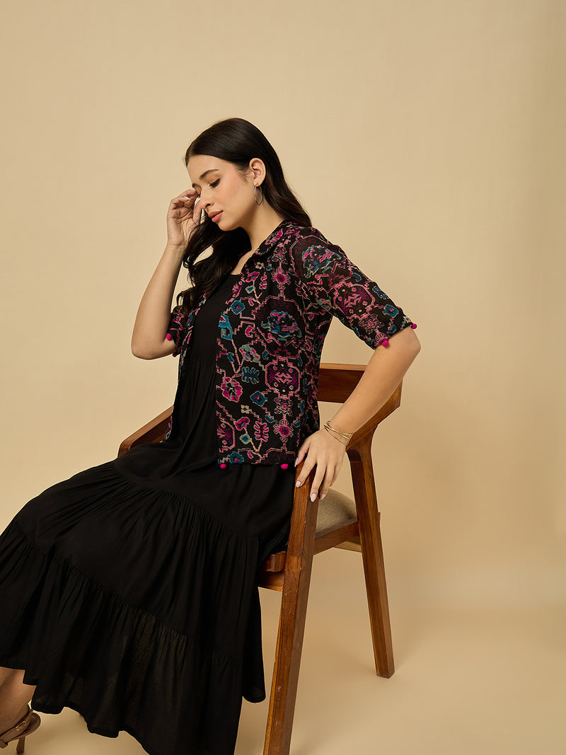 Black Solid Dress With Jacket