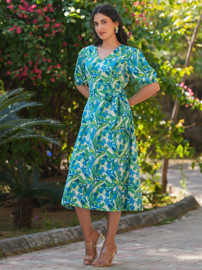 Multicolour Cotton Floral Printed Fit & Flare Dress