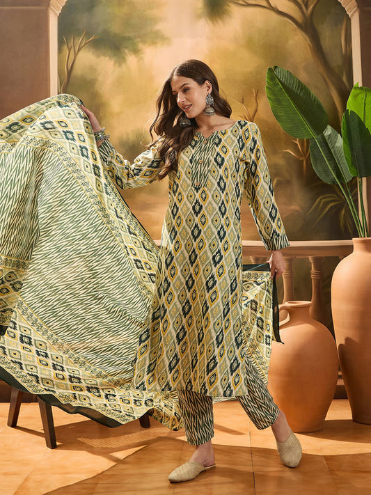 Green Geometric Printed Cotton Blend Straight Kurta Pant Dupatta Set