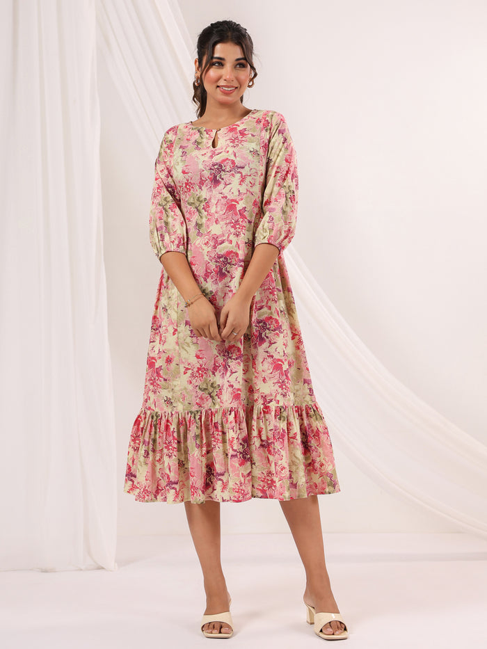 Pink Pure Cotton Floral Printed A line Dress