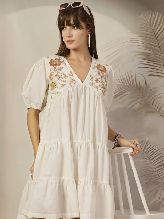 Cream Solid & Embroidered Cotton Flared Dress