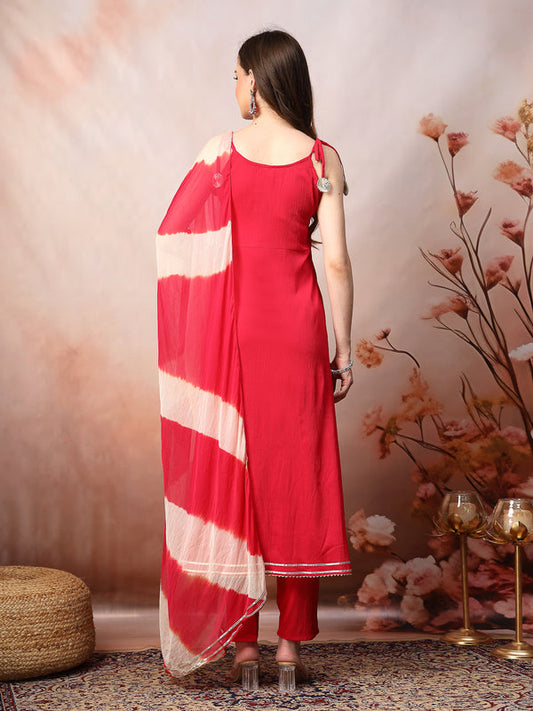 Rose Gold Solid & Embroidered Rayon A-Line Kurta Dupatta Set