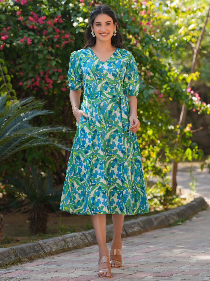 Multicolour Cotton Floral Printed Fit & Flare Dress