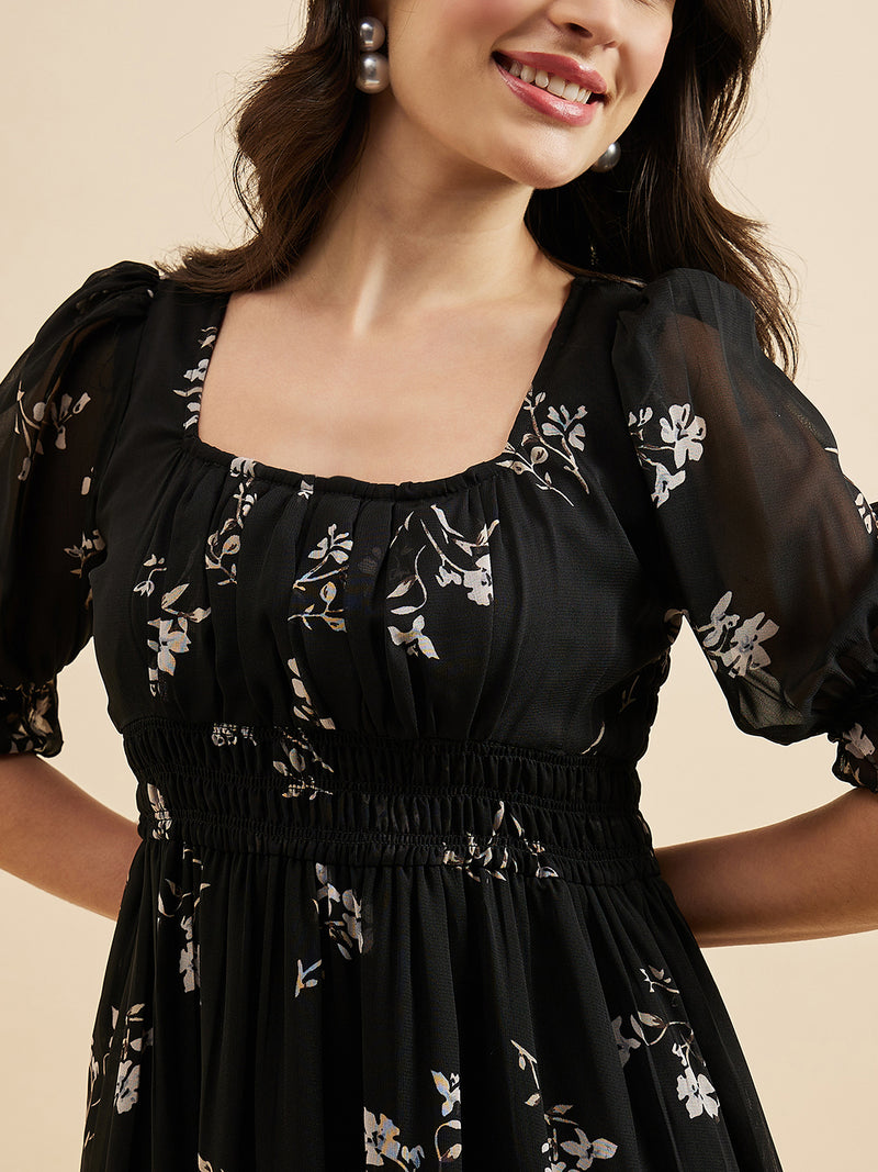 Floral Print Square Neck Puff Sleeve Georgette Fit & Flare Midi Tiered Dress