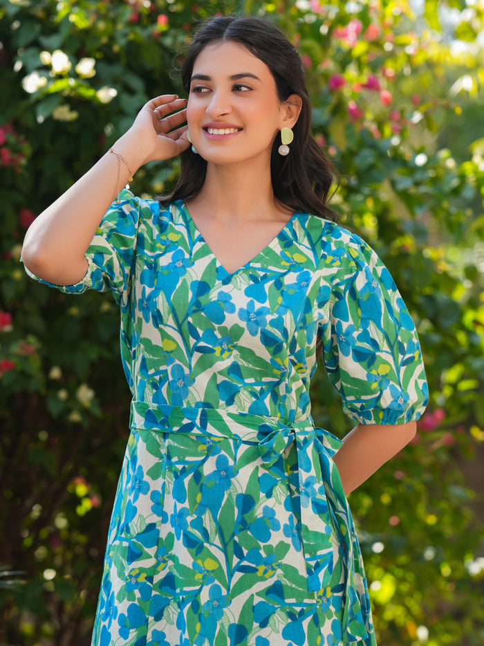 Multicolour Cotton Floral Printed Fit & Flare Dress