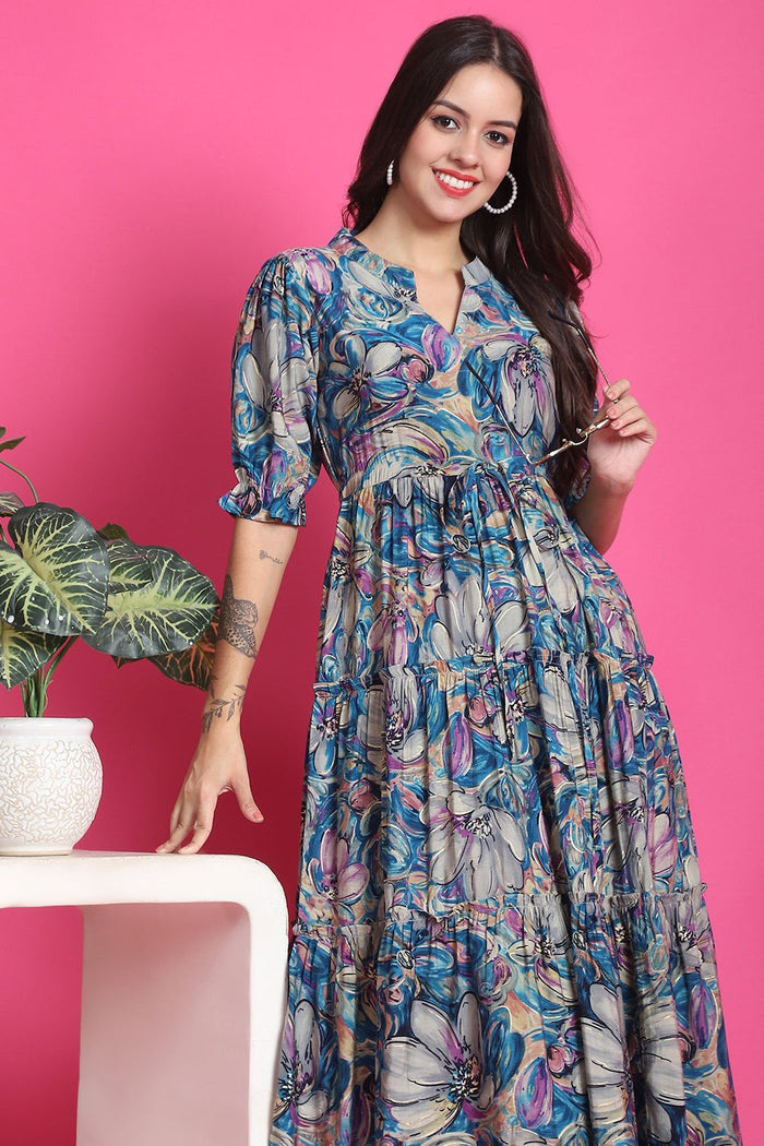 Floral Printed Premium Chanderi Dress
