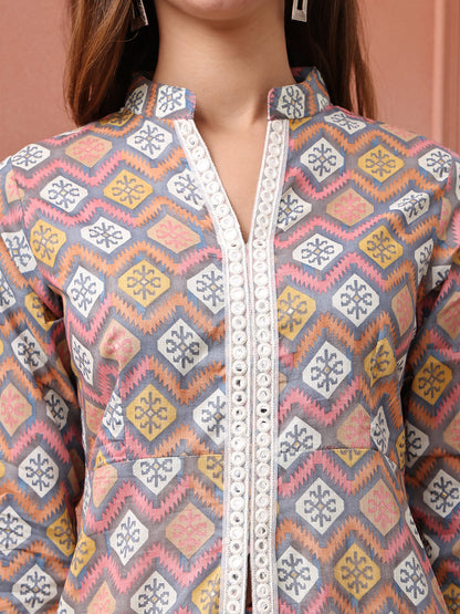 Grey and Pink Abstract Printed Cotton Co-Ord Set for Women