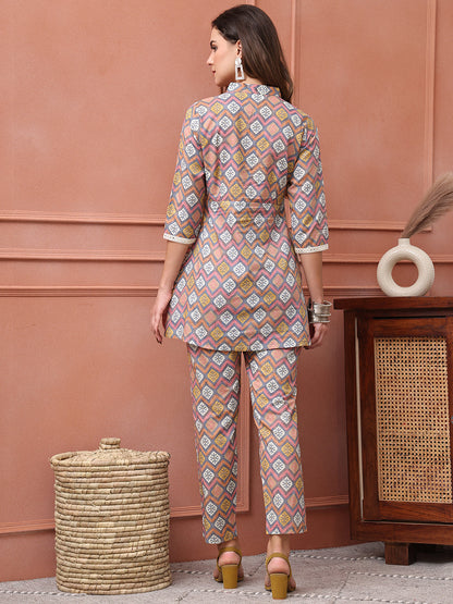 Grey and Pink Abstract Printed Cotton Co-Ord Set for Women