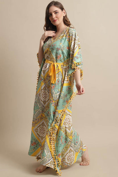 Yellow Color Floral Printed Rayon Night Dress Kaftan