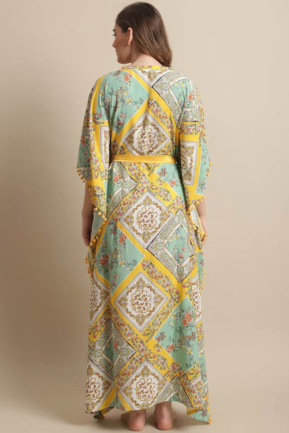 Yellow Color Floral Printed Rayon Night Dress Kaftan