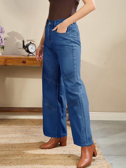 Women Navy High-Rise Stitch Detail Straight Jeans