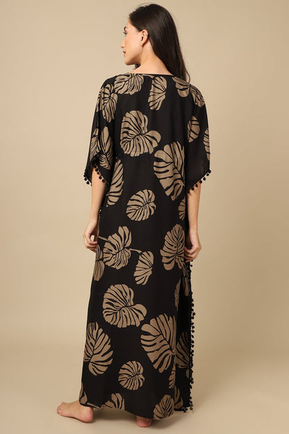 Black Color Floral Printed Viscose Rayon Kaftan