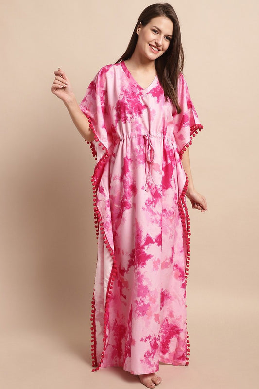 Pink Floral Printed Viscose Rayon Nightdress Kaftan