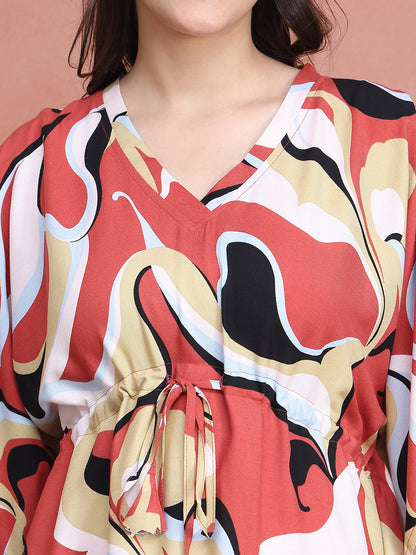 Rust Colour Abstract Printed Viscose Rayon Kaftan For Women