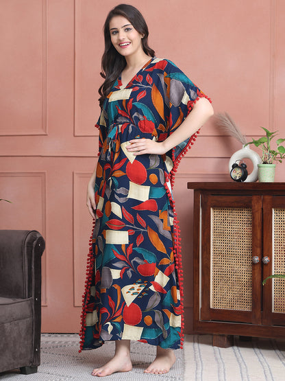 Navy Colour Abstract Printed Viscose Rayon Kaftan For Women
