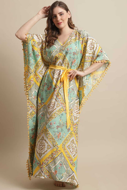 Yellow Color Floral Printed Rayon Night Dress Kaftan