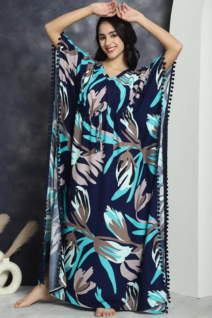 Navy Colour Abstract Printed Maxi Kaftan Nightdress