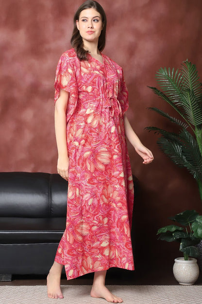 Red Color Floral Printed Pure Cotton Kaftan For Women