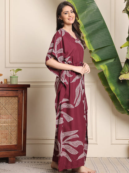 Purple Color Floral Printed Viscose Rayon Kaftan